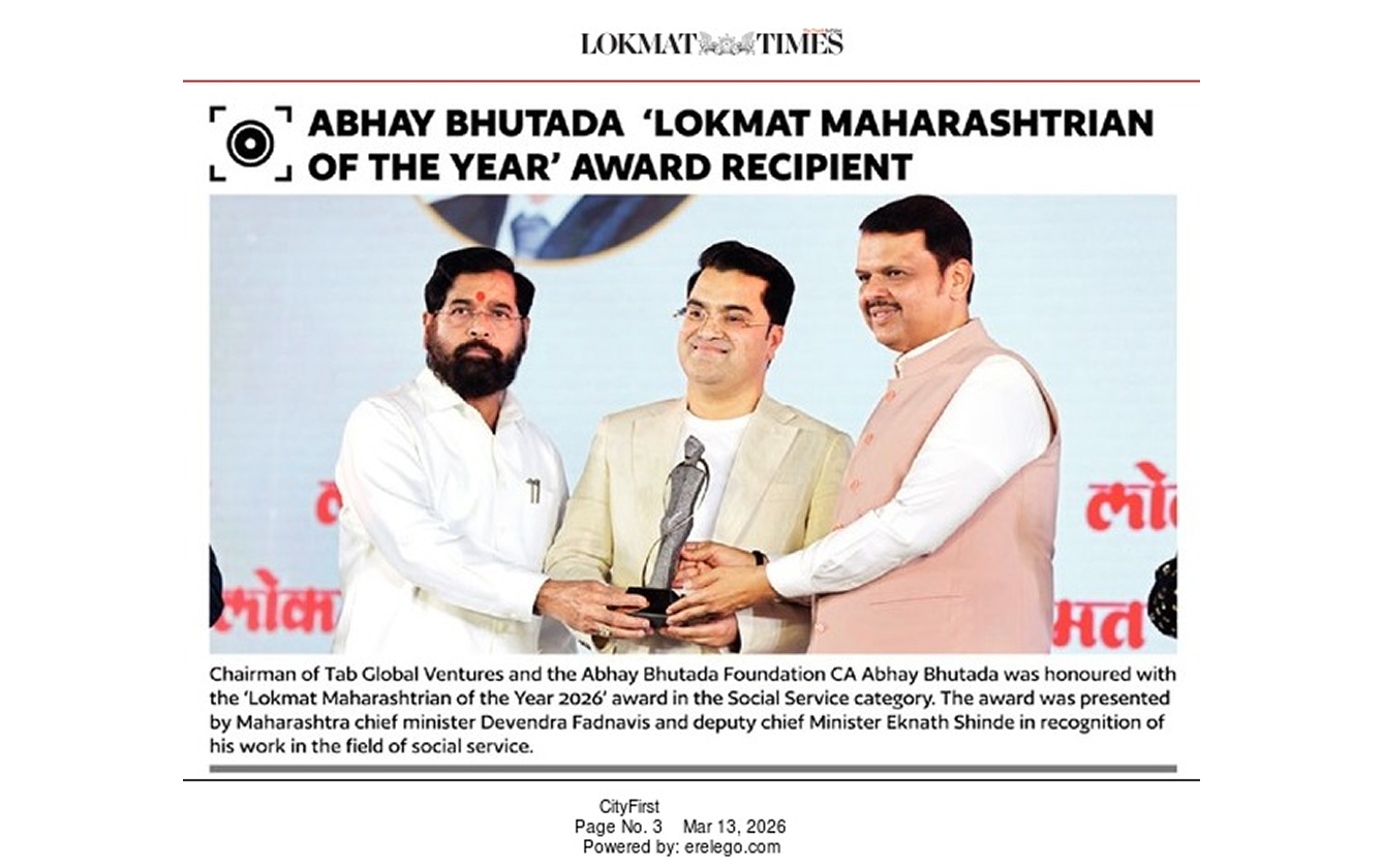 CA Abhay Bhutada, Chairman of the Abhay Bhutada Foundation and TAB Global Ventures, receiving the Philanthropist of the Year Award 2026 from CM Shri Devendra Fadnavis and DCM Shri Eknath Shinde, published in Lokmat Times on 13th March 2026.